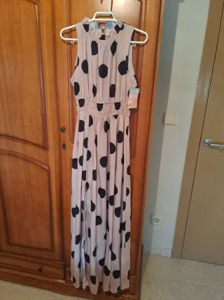 Vestido largo lunares beige y negro