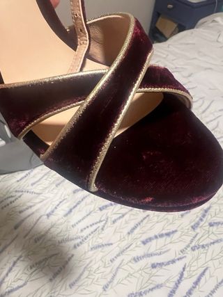 Tacones Ganzitos Terciopelo Granate y Dorado