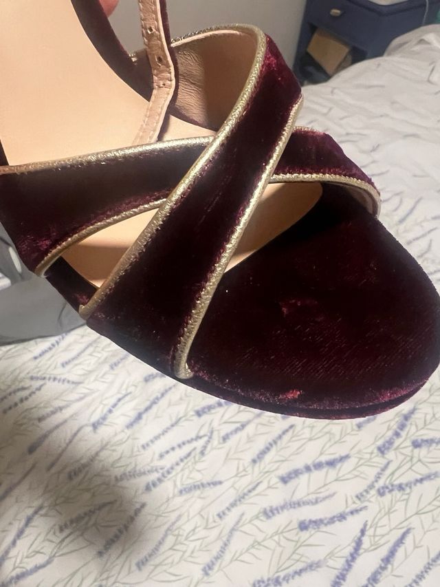 Tacones Ganzitos Terciopelo Granate y Dorado