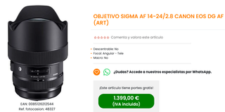 Objetivo Sigma 14-24mm f2.8 DG ART Canon