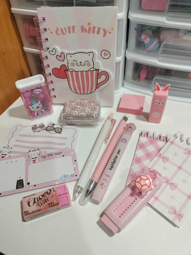 Set papelería Kawaii gatito rosa