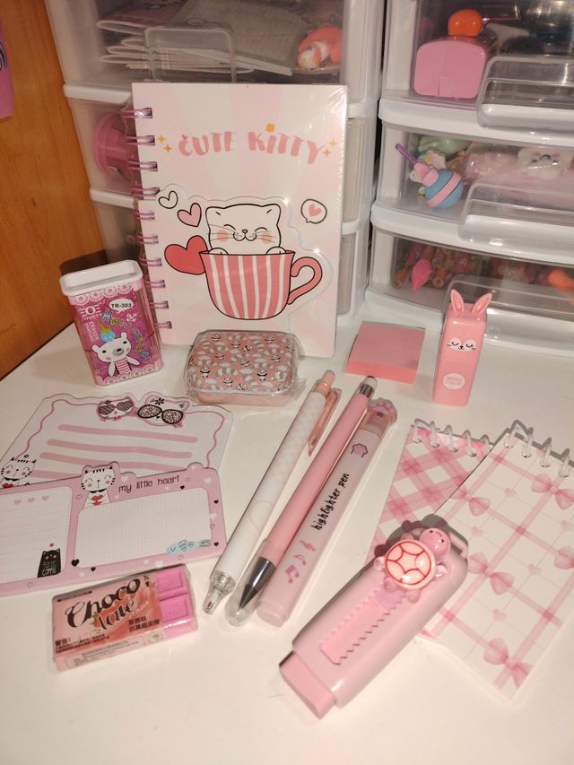 Set papelería Kawaii gatito rosa