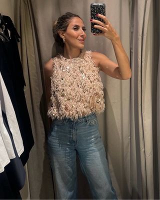 Top lentejuelas plumas