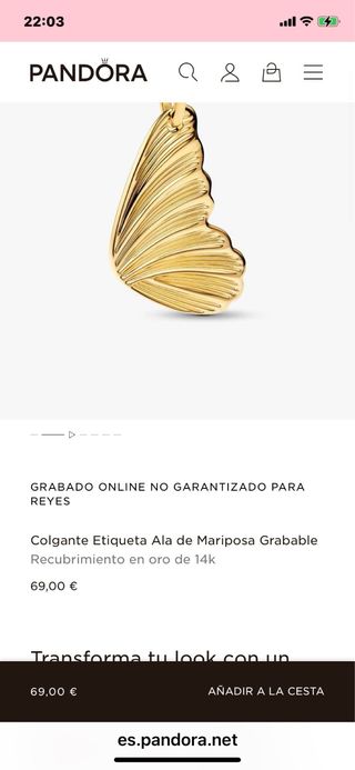 Colgante y cadena Pandora mariposa oro