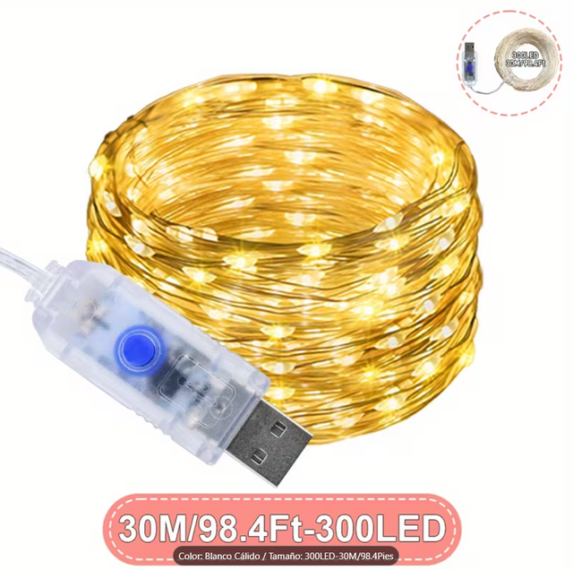 300 Luzes LED USB 30m Cobre Aquecido 8 Modos NATAL