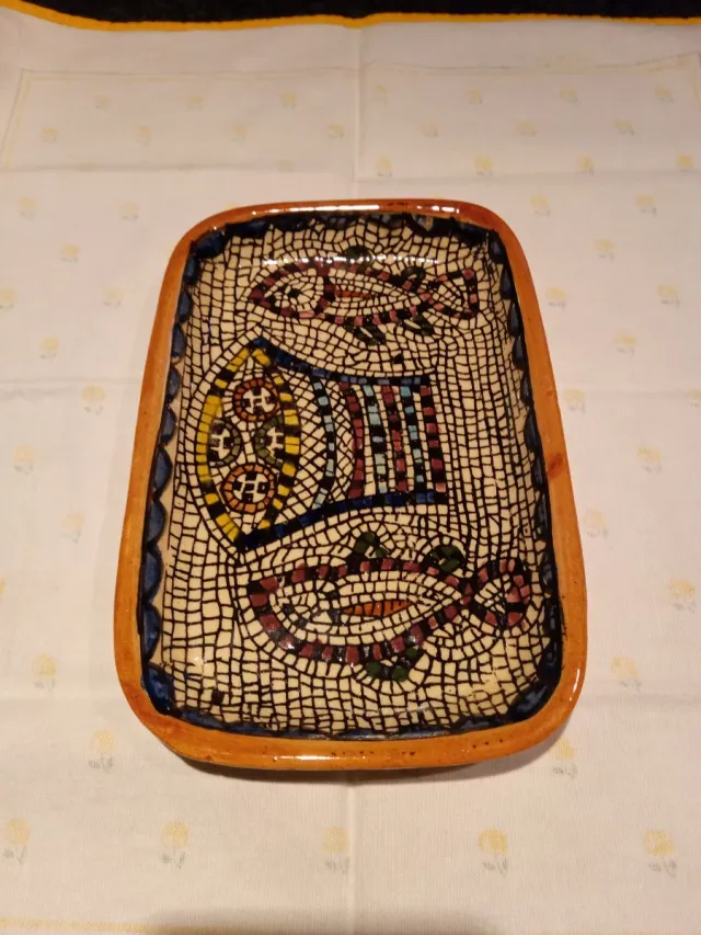 Vassoio vintage in ceramica con pesci a mosaico
