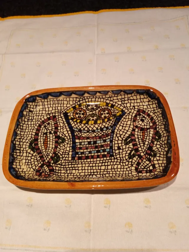 Vassoio vintage in ceramica con pesci a mosaico