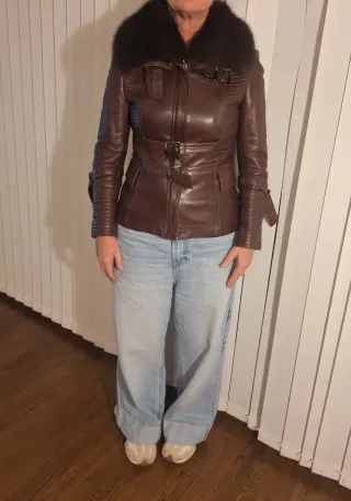 Chaqueta Biker Piel auténtica marrón Cuello Pelo