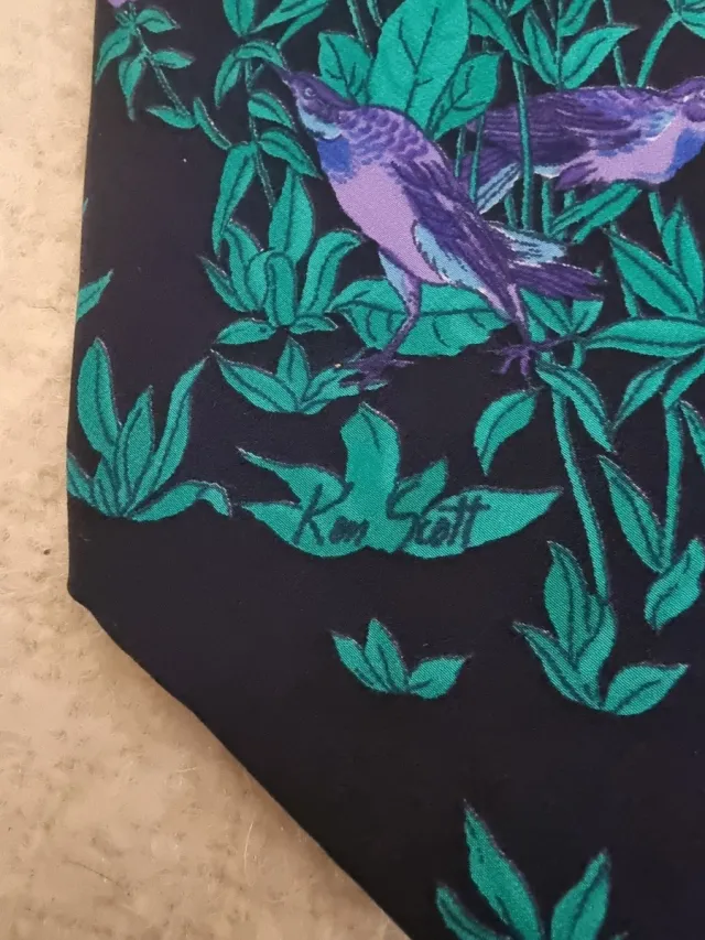 Cravatta Seta Ken Scott Uccelli Viola Blu