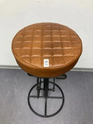 Taburete Vintage Cuero Marrón y Metal Negro