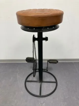 Taburete Vintage Cuero Marrón y Metal Negro