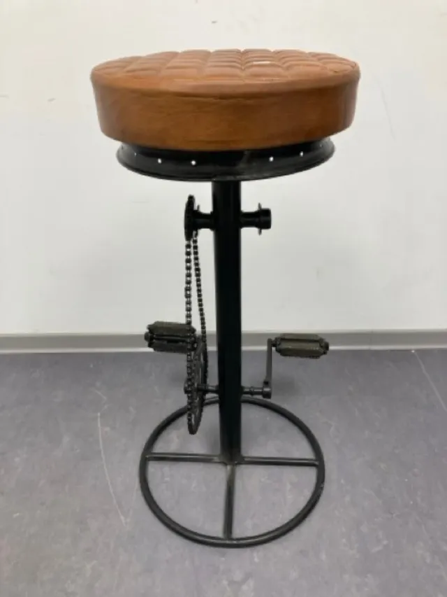 Taburete Vintage Cuero Marrón y Metal Negro