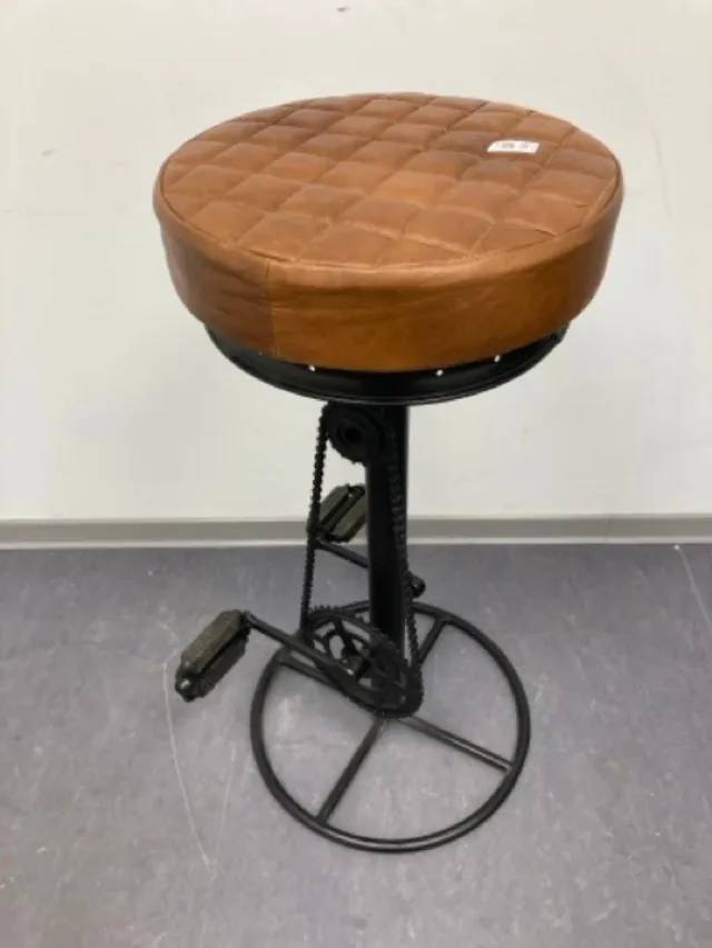 Taburete Vintage Cuero Marrón y Metal Negro