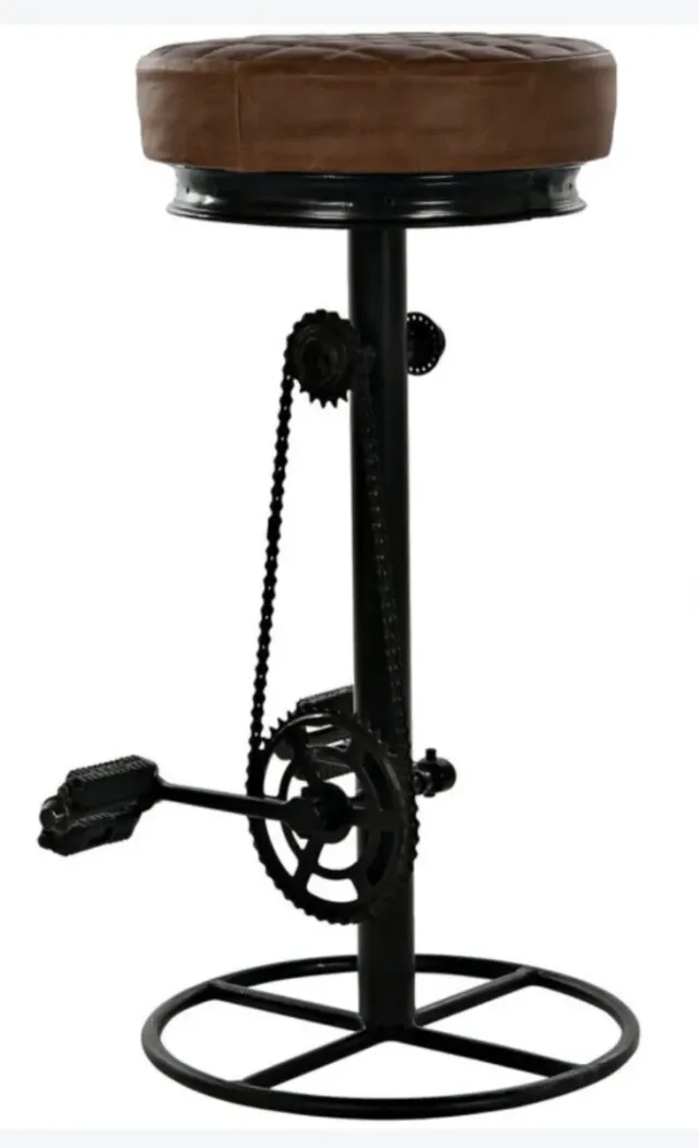 Taburete Vintage Cuero Marrón y Metal Negro