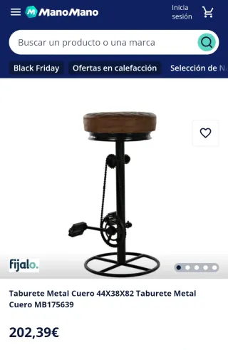 Taburete Vintage Cuero Marrón y Metal Negro