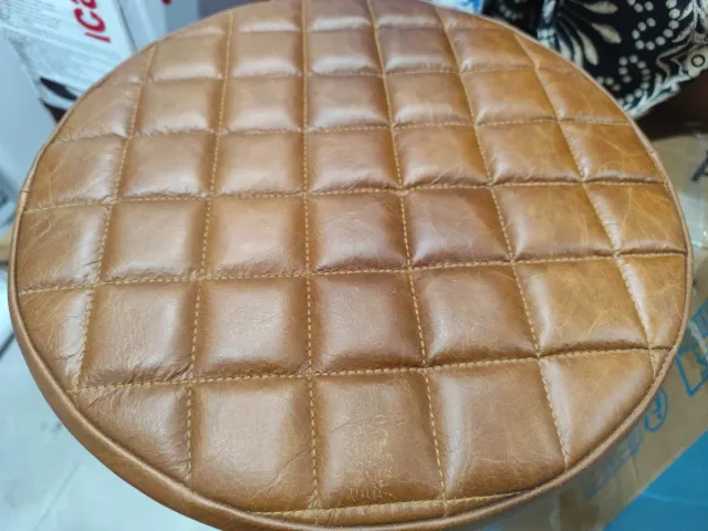 Taburete Vintage Cuero Marrón y Metal Negro