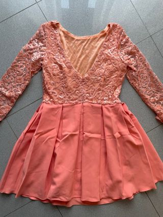 Vestido coral elegante encaje lentejuelas talla 42