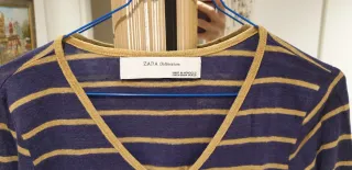 Camiseta Zara rayas azul y dorado Talla S