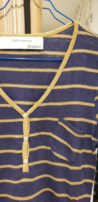 Camiseta Zara rayas azul y dorado Talla S