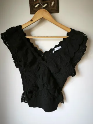 Top Zara M Preto Renda Babados