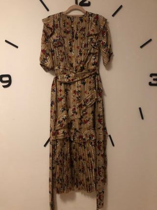 Vestido Fiesta Plisado Dorado Floral