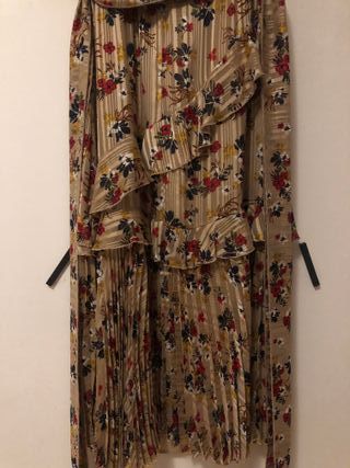 Vestido Fiesta Plisado Dorado Floral