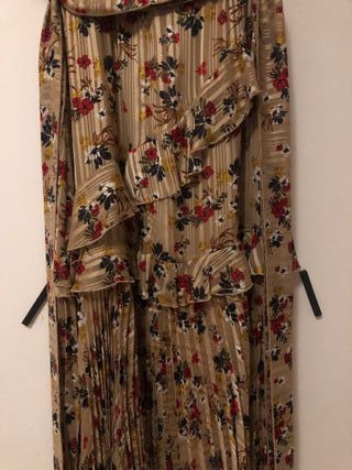 Vestido Fiesta Plisado Dorado Floral