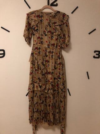 Vestido Fiesta Plisado Dorado Floral