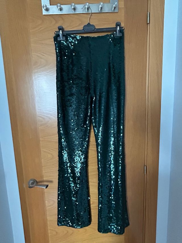 Pantalón lentejuelas verde Zara Talla XS