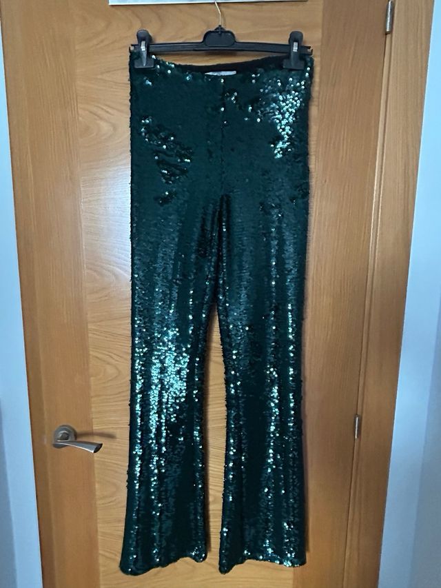 Pantalón lentejuelas verde Zara Talla XS