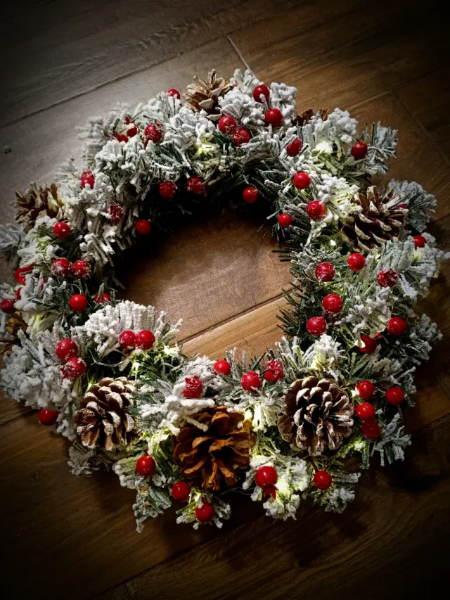 Ghirlanda luminosa con pigne e bacche