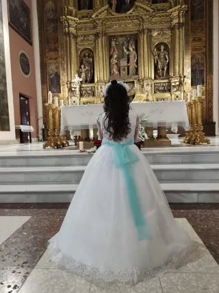 Vestido de Comunión Blanco y Turquesa