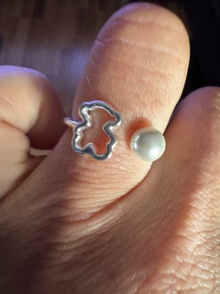 Anillo Plata S925 Oso y Perla Ajustable