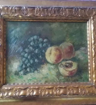 Pintura bodegón frutas y uvas
