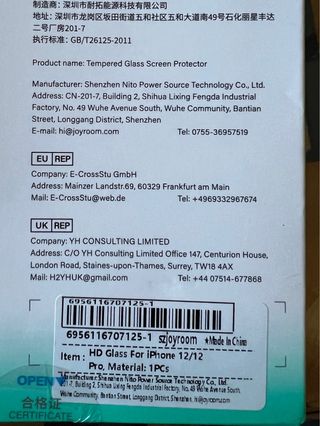 Vetro temperato JOYROOM per iPhone 12 o 12 Pro