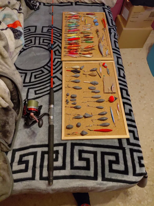 Lote de pesca: señuelos y plomos  caña carrete tod