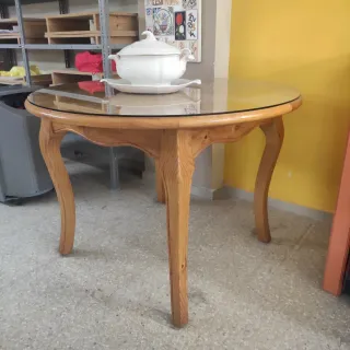 Mesa redonda extensible pino y cristal