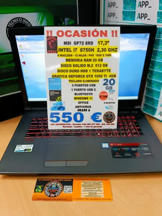 Portátil MSI i7 8750H 20GB RAM 512GB SSD