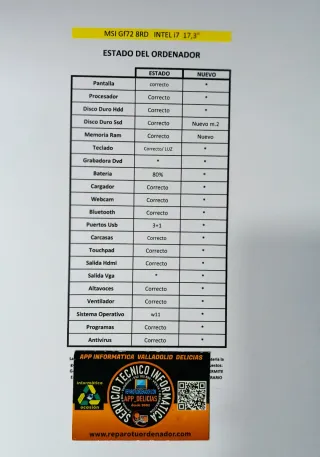 Portátil MSI i7 8750H 20GB RAM 512GB SSD