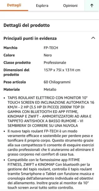 Tapis Roulant FP-TECH Elettrico 10 Monitor