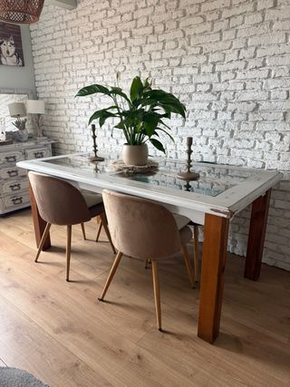 Tavolo da Pranzo in Legno di Pino 180x90 con Piano in Cristallo