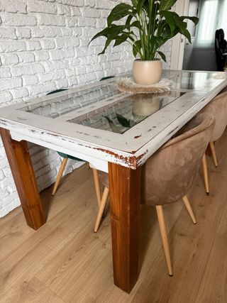 Tavolo da Pranzo in Legno di Pino 180x90 con Piano in Cristallo