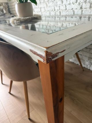 Tavolo da Pranzo in Legno di Pino 180x90 con Piano in Cristallo