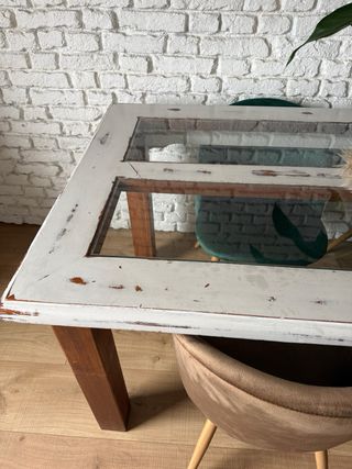 Tavolo da Pranzo in Legno di Pino 180x90 con Piano in Cristallo