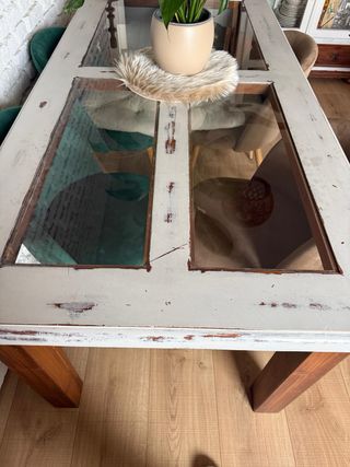 Tavolo da Pranzo in Legno di Pino 180x90 con Piano in Cristallo