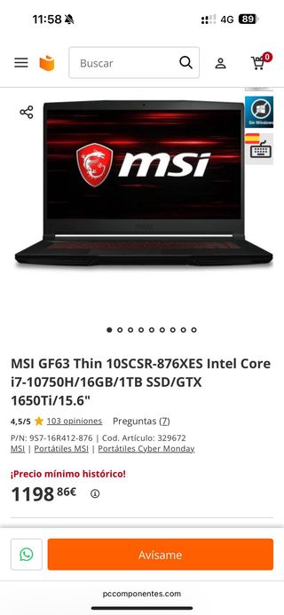 Portátil MSI i7 GTX 1650 1TB SSD 16GB RAM GTX 1650