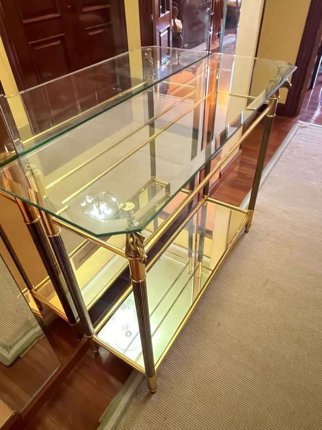 Tavolo da ingresso in cristallo e metallo dorato