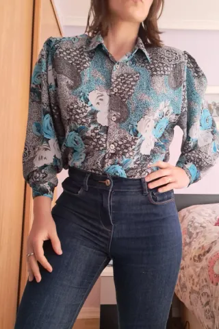 Blusa vintage floral turquesa talla M