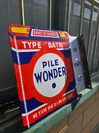 Placa esmaltada antigua Pilas Wonder a 2 caras