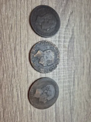3 Monedas Alfonso XII 10 Céntimos 1870s